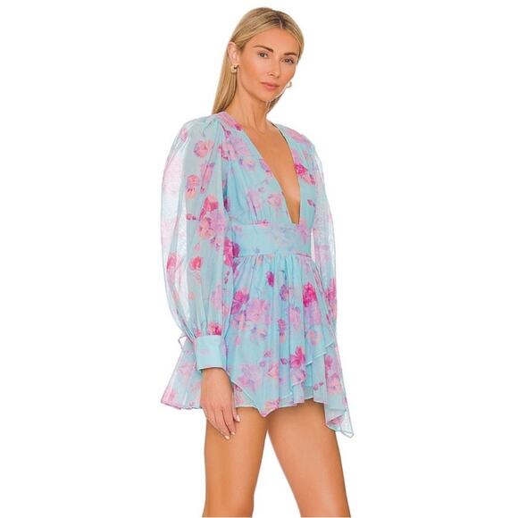 LoveShackFancy Varsha Mini Dress in Ocean Reef Blue Pink Floral Size 12